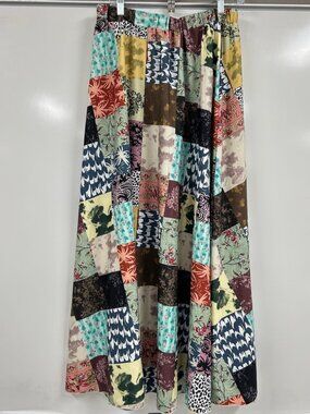 Patchwork Print Maxi Skirt XL Boho Cottagecore Elastic Waist A-Line VintageStyle